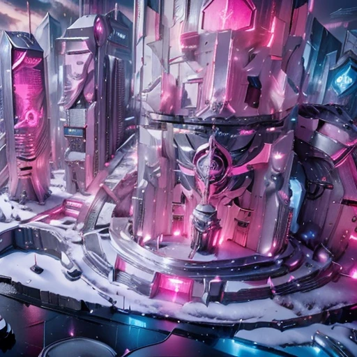 A beautiful cyberpunk futuristic fortress in a snow landscape, with futuristica skycrapers, 3d rendering, ultra realistic, uhd, White and Pink colori, Pink Sky, external metal wall