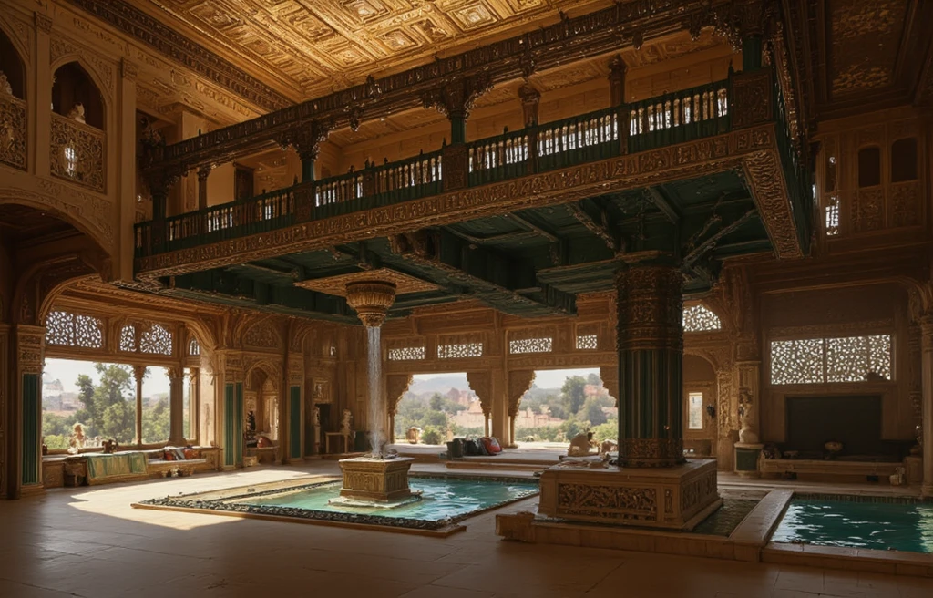 A grand, opulent indoor space showcases intricate architectural design reminiscent of medieval Middle Eastern or South Asian styles. The focal point is a rectangular pool of clear blue water with a smaller adjacent section featuring a cylindrical fountain. The central fountain has multiple tiers and ornate carvings, cascading water gracefully into the main pool. A rectangular stone platform with elaborate carvings sits atop the water, adorned with small bowls and decorative items. The floor is paved with large beige tiles arranged in a grid pattern, bordered by a decorative tile border in green and cream colors. Surrounding the pool are arched doorways leading to an outdoor area, through which statues can be seen. The walls feature symmetrical arches and columns, all intricately carved with geometric patterns and floral motifs. Large windows on the left allow natural light to filter in, illuminating the space and casting soft shadows. A built-in seating area with cushions and pillows protrudes from the wall beneath these windows. The upper structure includes a massive wooden ceiling with elaborate geometric carvings, featuring numerous square panels arranged in a crisscross pattern. Hanging from this ceiling is a prominent balcony supported by intricately carved wooden columns, adorned with dark green balustrades that add a touch of color contrast. The balcony's richly detailed architecture is accentuated by the interplay of light and shadow, emphasizing its depth and complexity. Additional details include ornate railings, lattice work, and a series of arches forming a corridor or hallway. Statues and ornamental objects are placed around the pool area, enhancing the luxurious ambiance. The overall mood is serene and majestic, captured in balanced lighting that highlights both the architectural elements and the natural beauty outside. The color palette consists of warm browns, tans, creams, forest greens, teal blues, and golds, contributing to the historical and rega