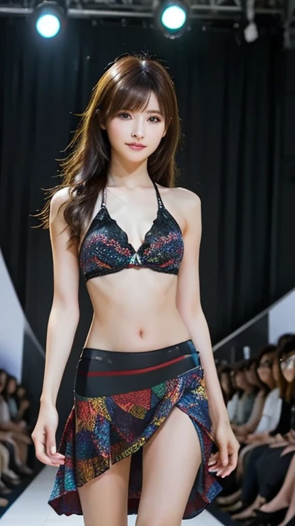 A girl walking down the runway at a fashion show, See-through bikini, High heels, (High resolution:1.3), (16K, Realistic, RAW Photos, Best image quality: 1.4), (One Girl), Beautiful Face, (A vivid face), Beautiful hairstyle, Realistic eyes, Beautiful and exquisite, (Realistic Skin), Beautiful skins, charm, 超High resolution, High detail, Highly detailed cute girl,(18-year-old)