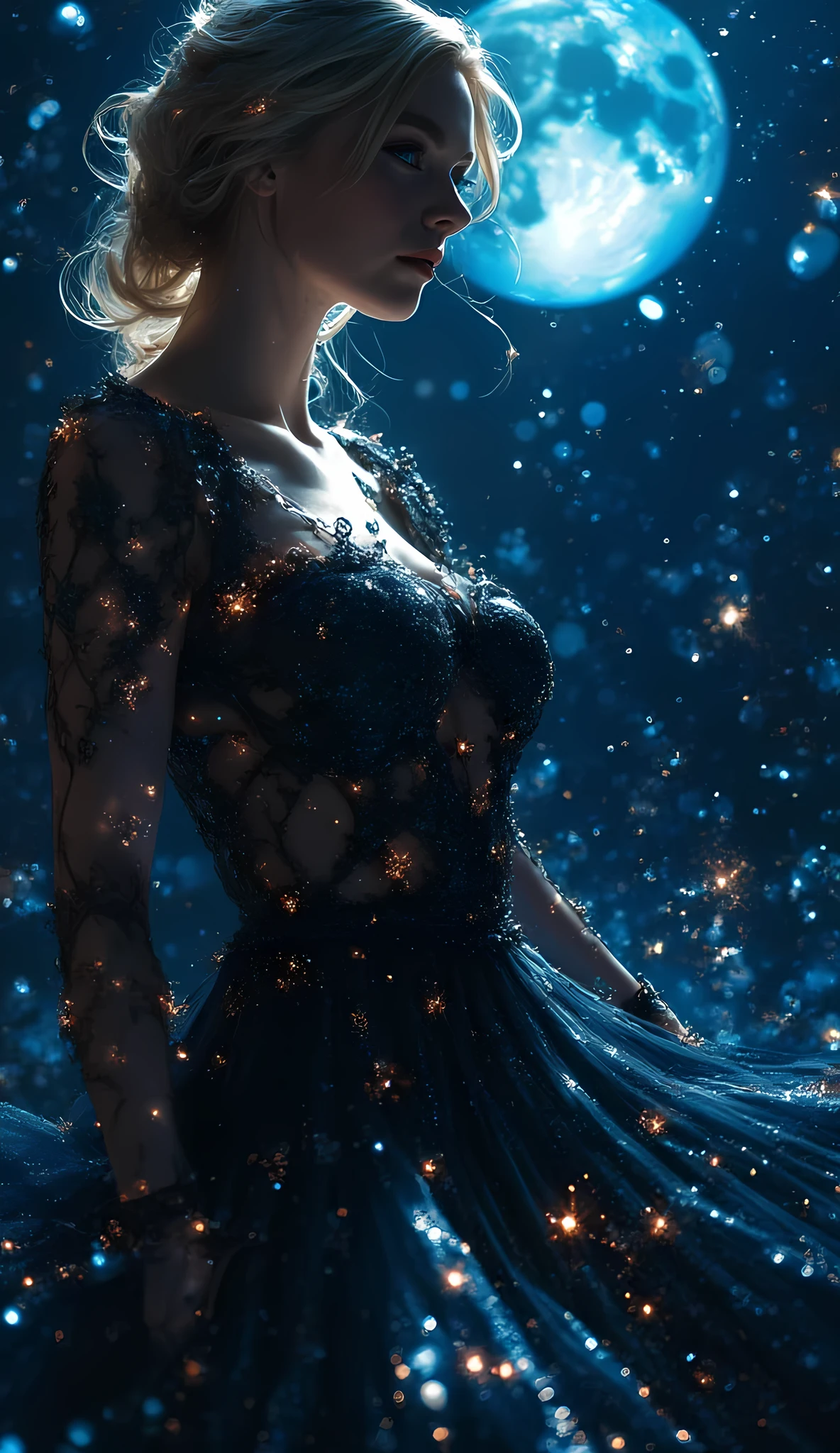 a beautiful model wearing an intricate clack dress, in a fashion show,  there are (glowing stars on the dress: 1.3), ultra best detailed face, wearing high heels, it is night time the moon in the sky, fantasy art, 16K, full body, silhouette, from side, Ultra-Wide Angle, retina, UHD, best quality, 16k, highres, high details,