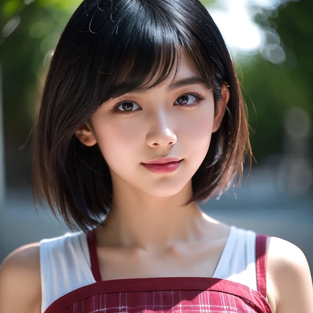(Best Quality, masterpiece, Ultra High Resolution, (Photorealistic:1.4), Raw photo), (1girl, Upper body, looking at viewer), (yellow lace brassiere, white lace panties), big breasts, Black medium bob hair, beautiful and shiny skin, very beautiful face, perfect eyes