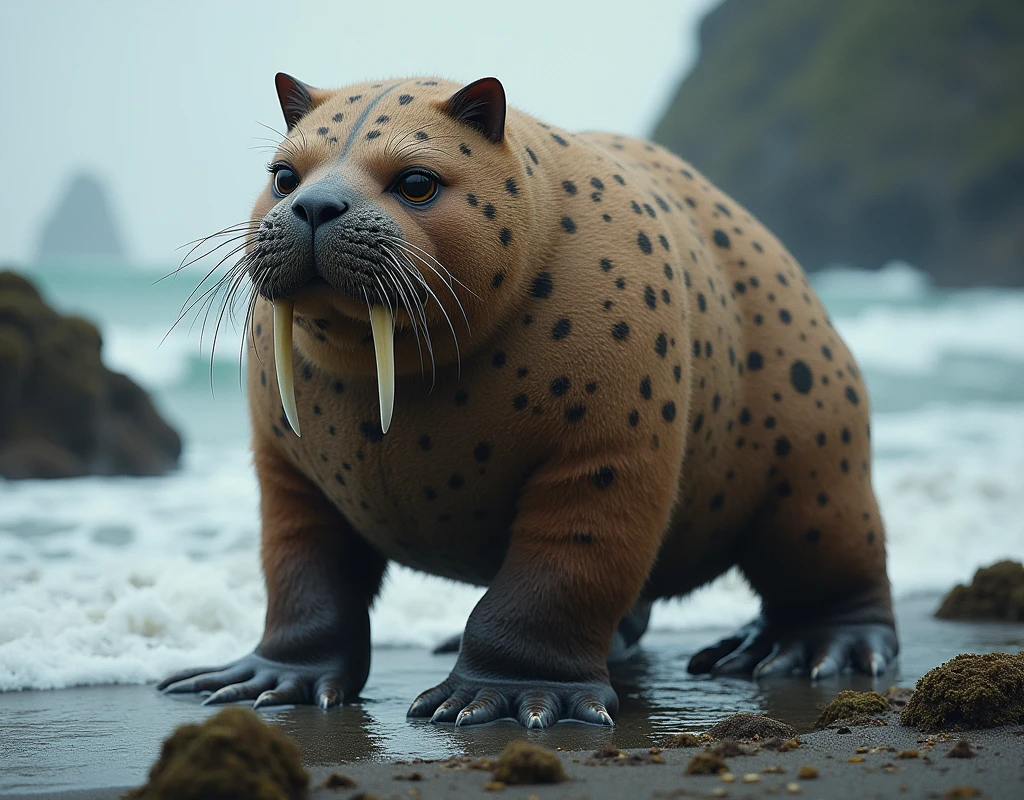 walrus merge cat, create new animal, realistic image