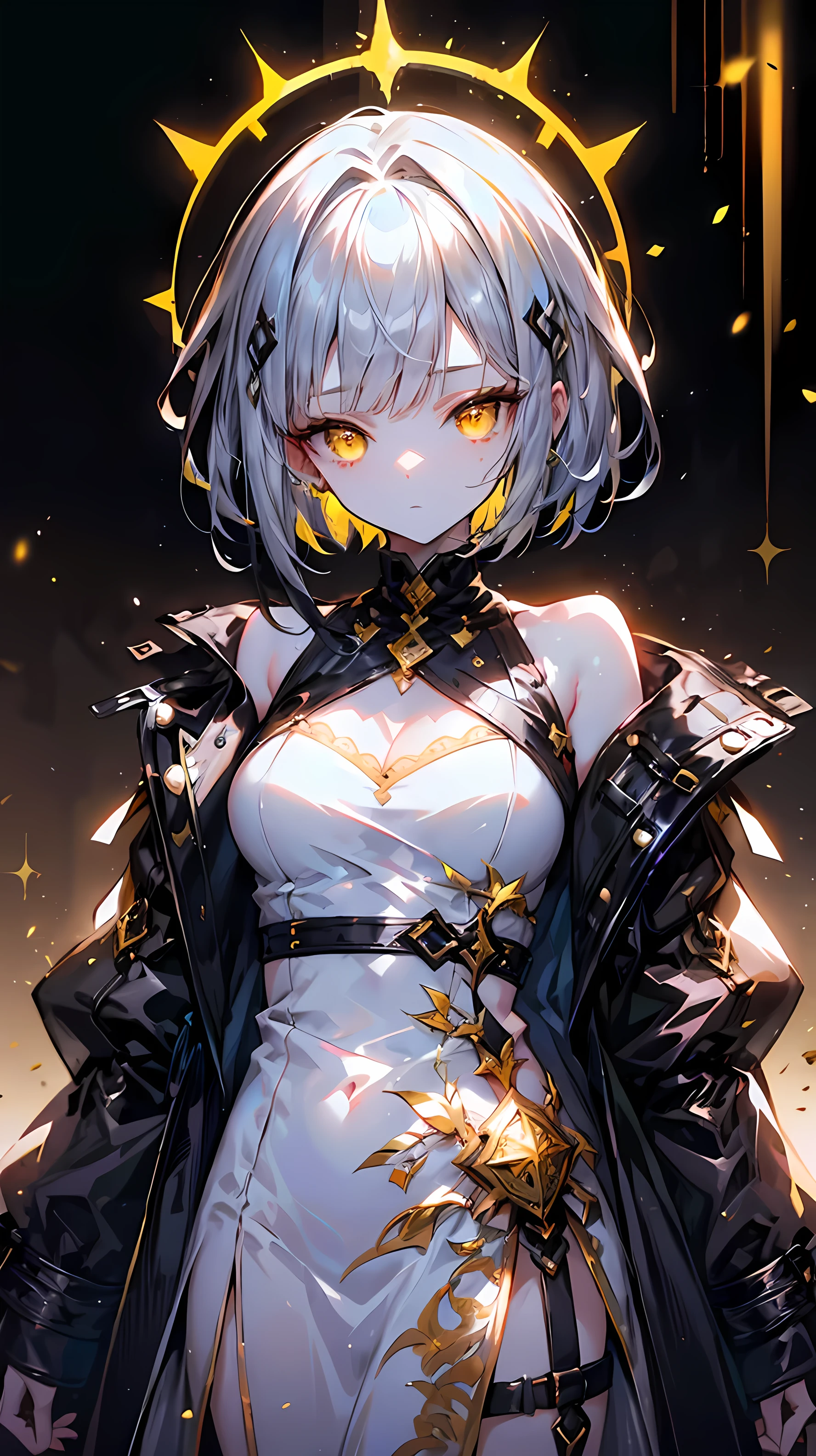 A close up of a young woman with silver Pixie hair and yellow eyes . She is wearing a short white dress with a black overcoat with gold details, a black strap with gold details and knee-length black leather boots . She is standing in her modern and luxurious bedroom . The background is slightly blurred, focusing on your face and upper body.