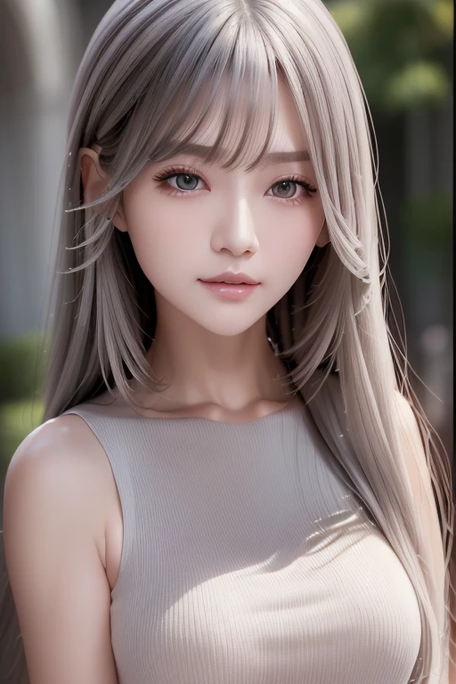 (masterpiece,  best quality: 1.2), Advanced Face Detail, ((Photo of your face)), (Silver-haired woman), ((A woman with beautiful eyes)),  long shiny hair,  extremely detailed face and skin texture, White and shiny skin, Elegant face, Elegant young woman, Detailed eyes, double eyelid, sexy,  sleeveless blouse ,  see here 、