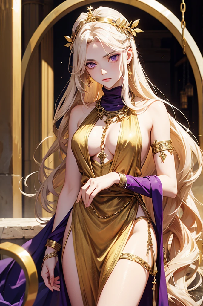 1girl, breasts, jewelry, bracelet, armlet, necklace, blonde_hair, long_hair, dress, bare_shoulders, large_breasts, black_dress, cleavage, solo,gold_chain