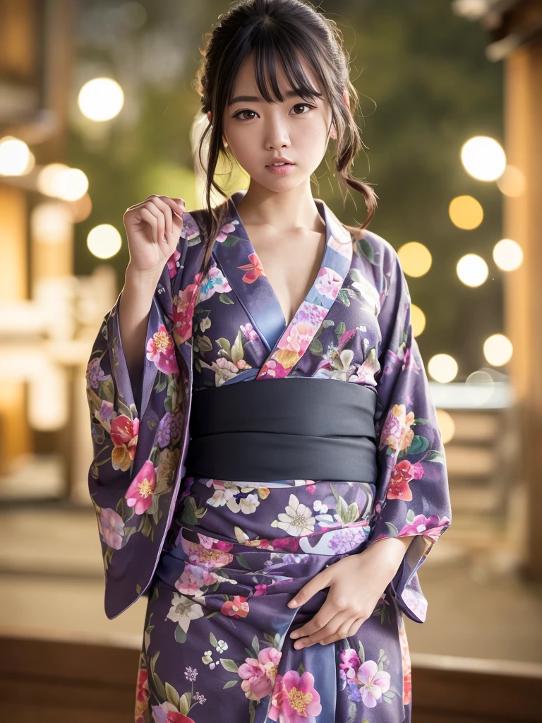 (Tabletop, highest quality:1.4), Stunning Face, 8k, 85mm, Absurdly Detailed, (Floral Yukata:1.4), Violets with Gardenias, a Delicate Girl, Alone, Gaze Captivating the Viewer, Upper Body Shot, Film Grain Effect, Chromatic Aberration, Sharp Focus, Dynamic Face Light, Professional Lighting, Sophisticated and Elegant, (Smile:0.4), Suggestive Cleavage, (Simple Background, Bokeh Background:1.2), Detailed Aspect, 11 years old, Black Hair, (With a Pose