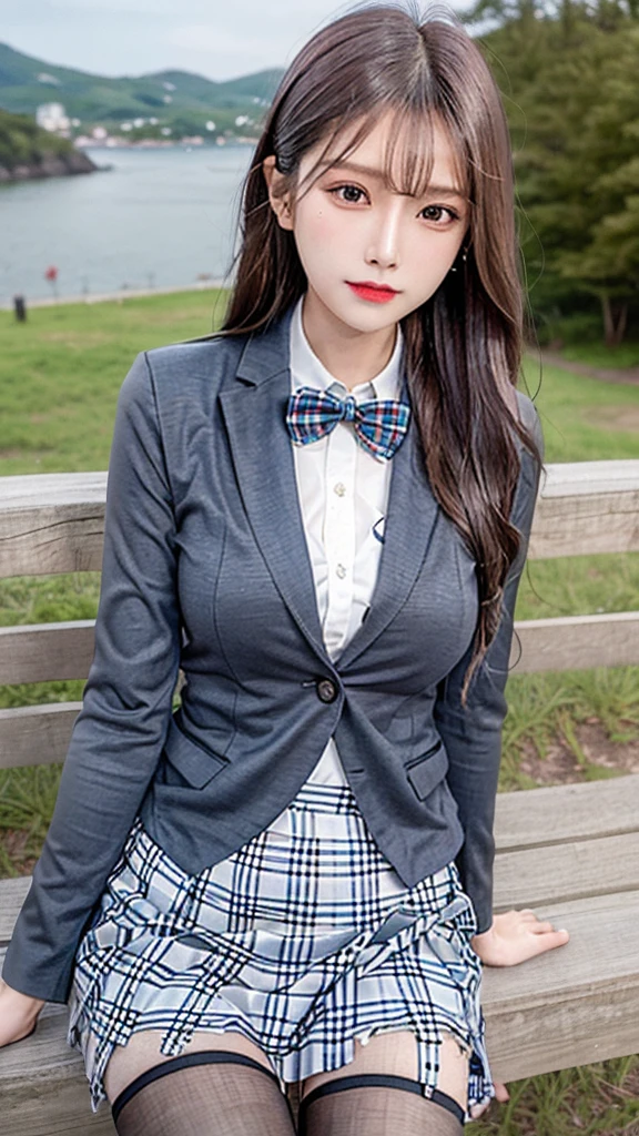 (close up:1.5), raw ((Portrait)), (Best Quality), (Realistic, Photorealsitic:1.3), Best Quality, masterpiece, extremely delicate and beautiful, , Extremely detailed ,, amazing, finely detail, Highly detailed ticker Unity 8k wallpaper, huge filesize , Ultra-detailed, high resolution, Extremely detailed, Strong winds are blowing, low pony tail, (((a sailor suit))), (((Junior High School Uniforms:1.2))),((Navy Blue Check Pleated Skirt Long Length:1.4)), (((a high school student))), slender, (tiny chest:1.6), Dynamic Pose, dynamic angle, ((nffsw)), Hair blown in the wind