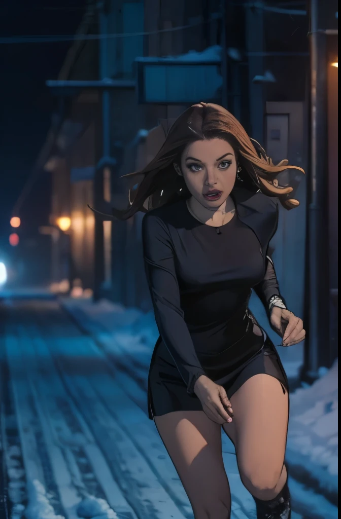 Masterpiece, Best Quality, girl 22 years old running through the night city, through snowdrifts, bare footed, aged, red hair wavy,crystal blue eyes, Medium-length hair without styling, Snow on wet hair, torn, Dirty, Bloodstained Short Long Sleeve Dress, Bracelet on the left wrist, necklace around the neck, Running through a snowy streets barefoot in deep snow (The snow is almost knee-deep). In the middle of a winter forest, Looking Ahead, Snowy city streets, It's cold, snowing, beautiful face, Freezes, serious expression, Thin body, shapely legs, steam from the mouth, stunned, frightened look, Deep Snow, Snowflakes fall, The body turns red, Cold, teardrops, hysterics, dread, The dress is torn, bruises, abrasions and bruises on the legs and face, (YES NSFW)