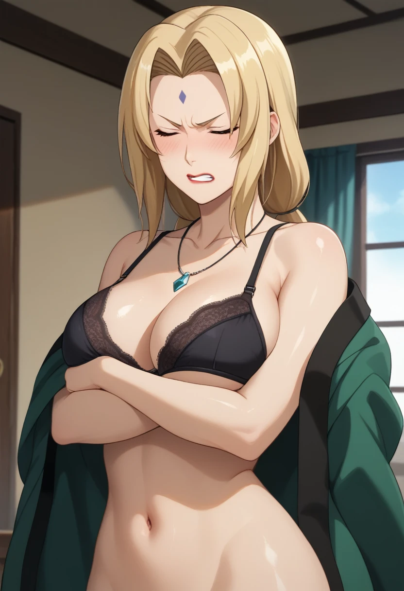 score_9,score_8_up,score_7_up,score_6_up,score_5_up,score_4_up BREAK skinny, big breasts, shiny skin,bokeh,bloom, indoors,light particles, bedroom, 1girl, ((clear eyes)), Tsunade, (((blonde hair))), brown eyes, ((diamond forehead mark)), medium lips, red lips, mature female, ((perfect body)), ((necklace, black untied haori, black open kimono, black bra, undressing)), wide hips, lewd look, blush, angry face, clenched teeth, crossed arms, closed eyes 