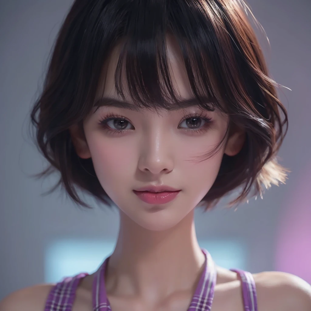(ultra high res,photorealistic,realistic,best quality,photo-realistic), (((high detailed skin,visible pores))),(real person,photograph), ((mix4)), (8k, raw photo, best quality, masterpiece),(1 japanese girl),photon mapping, radiosity, physically-based rendering,automatic white balance,(((face close-up,haunting smile,moist lips,short hair))),mastoid process,watery eyes, (blush|cute and playful|adorable|skinny|thick bangs|beauty|18 years old|childish looks|under 18 years old),((((small breasts,)))),((((looking at viewer)))),((irises and pupils are rounded,the pupil reflects the surroundings,eyes are not the same size)), ((((skinny)))),