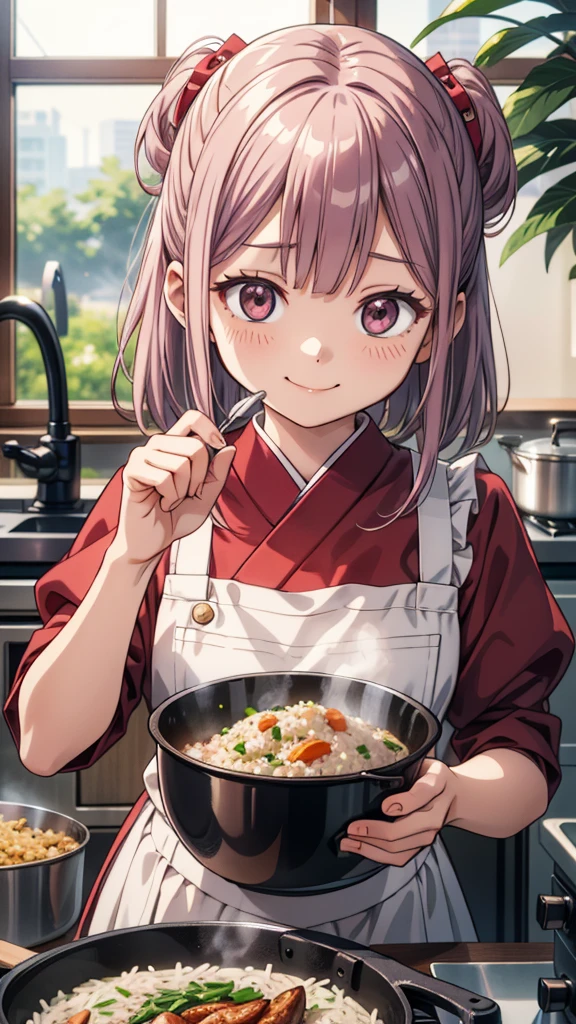 (masterpiece, ultra-detailed, best quality, clear focus, dramatic scene, cinematic), shadow, (ultra-high resolution, 8k), perfect anatomy, perfect face, (detailed face, detailed eye), cute Japanese girl, famous Japanese idol, very beautiful and cute and cool face, dynamic pose, dynamic angle, (she is cooking at the home kitchen, She is making fried rice in a wok, Professional powerful gas stove), smile, wearing a cute dress with frills