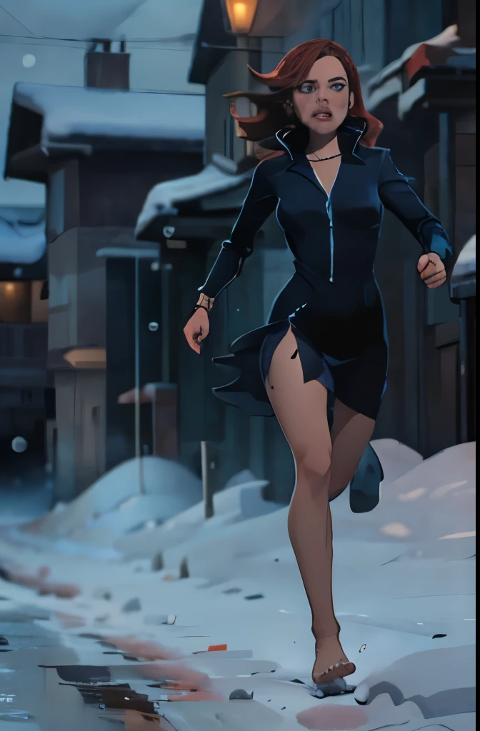 Masterpiece, Best Quality, girl 22 years old running through the night city, through snowdrifts, bare footed, aged, red hair wavy,crystal blue eyes, Medium-length hair without styling, Snow on wet hair, torn, Dirty, Bloodstained Short Long Sleeve Dress, Bracelet on the left wrist, necklace around the neck, Running through a snowy streets barefoot in deep snow (The snow is almost knee-deep). In the middle of a winter forest, Looking Ahead, Snowy city streets, It's cold, snowing, beautiful fac, athletic shapely body, shapely legs, steam from the mouth, stunned, frightened look, Deep Snow, Snowflakes fall, The body turns red, Cold, teardrops, hysterics, dread, The dress is torn, bruises, abrasions and bruises on the legs and face, (YES NSFW)