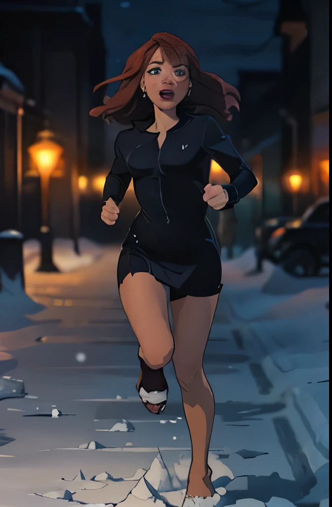 Masterpiece, Best Quality, girl 22 years old running through the night city, through snowdrifts, bare footed, aged, red hair wavy,crystal blue eyes, Medium-length hair without styling, Snow on wet hair, torn, Dirty, Bloodstained Short Long Sleeve Dress, Bracelet on the left wrist, necklace around the neck, Running through a snowy streets barefoot in deep snow (The snow is almost knee-deep). In the middle of a winter forest, Looking Ahead, Snowy city streets, It's cold, snowing, beautiful fac, athletic shapely body, shapely legs, steam from the mouth, stunned, frightened look, Deep Snow, Snowflakes fall, The body turns red, Cold, teardrops, hysterics, dread, The dress is torn, bruises, abrasions and bruises on the legs and face, (YES NSFW)