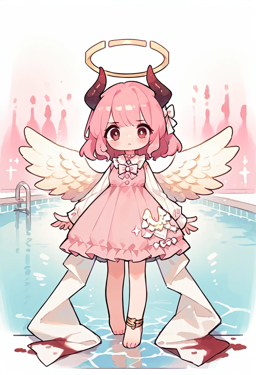 1girl, perfect skin, grinning, red demon horns, gold halo and gold angel wings, short pink dress, big dress bow, pink buttons on dress, barefoot, standing in a pool of blood