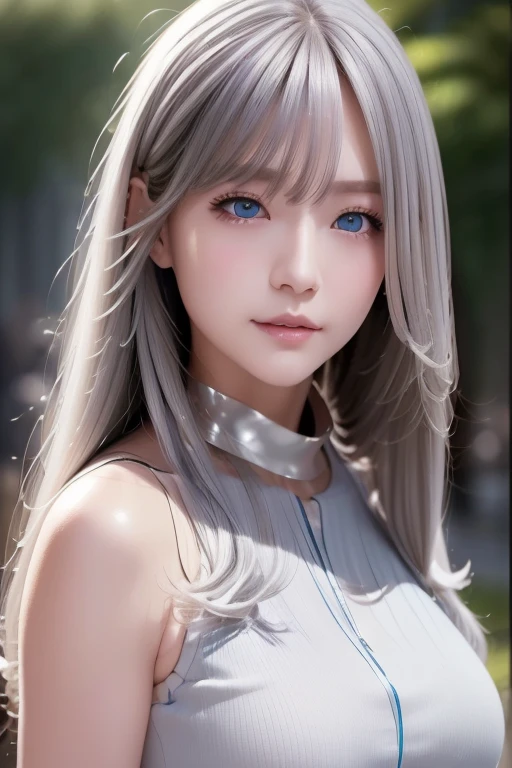 (masterpiece,  best quality: 1.2), Advanced Face Detail, ((Photo of your face)), (Silver-haired woman), ((Blue Eyed Woman)),  long shiny hair,  extremely detailed face and skin texture, White and shiny skin, Elegant face, Elegant young woman, Detailed eyes, double eyelid, sexy,  sleeveless,  see here 、