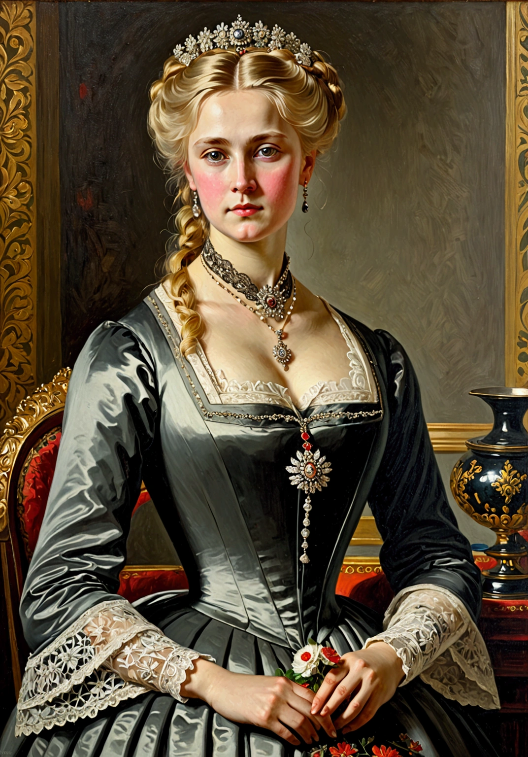 governess of the Russian Empire at a bal 19th century, blond hair, gray eyes, beautifully detailed hands, detailed face, peddles in the store, oil paint