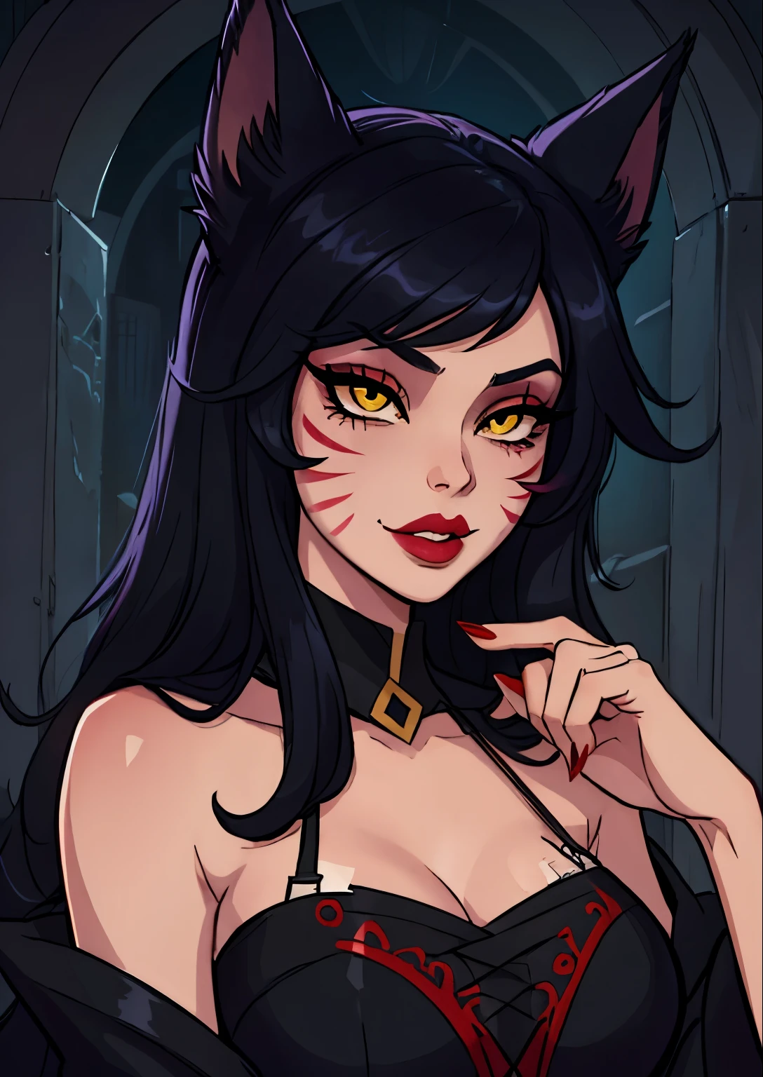 malsterpiece, best quality, 1female, beautiful, face portrait, deep makeup, lipstick, 1girl, goth, Ahri, fox ears, whisker markings, yellow eyes