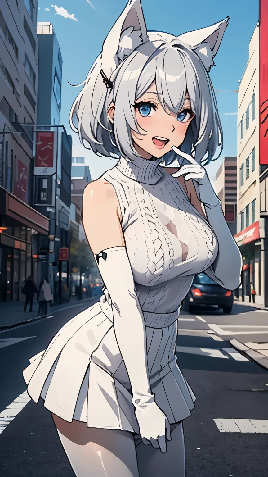 masutepiece　high-level image quality　Top image quality　8K　 Lady（Soio）　Portrait　Long Globe（（blanche）（Long gloves）（Long））　white panty hose（（blanche））　Apron Dresses（（Tube Top）（blanche）（frilld））　Wolf ears　shorth hair（（short-cut）（White hair）（perm）（fluffly））　Eye color is blue　a smile（（Opening Mouth）（Smile）View here　Put on a collar（lead）　Hold your hand forward　Running　meeting　looking at from the front（Same perspective）