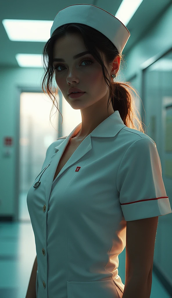 full shot body photo of the most beautiful artwork in the world featuring ww2 nurse holding a liquor bottle sitting on a desk nearby, smiling, freckles, white outfit, nostalgia, y, stethoscope, heart professional majestic oil painting by Ed Blinkey, Atey Ghailan, Studio Ghibli, by Jeremy Mann, Greg Manchess, Antonio Moro, trending on ArtStation, trending on CGSociety, Intricate, High Detail, Sharp focus, dramatic, photorealistic painting art by midjourney and greg rutkowski