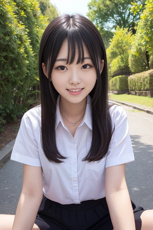 High quality masterpiece, 8k, ,  Japanese girls to have sex with, RAW Photos,             absurd, Winner portrait smile face, 笑face, Alone, uniform, Summer Clothes Idol&#39;face, violet, Gardenia, Delicate girl,                    long black hair                  , Dark Eyes, Upper body digital SLR,                Observe the Audience, Frank, Sophisticated, Like々Shii, Thin arms,              Professional lighting that sticks forward      ,               film grain            ,  chromatic ablation, (Details of the eye and face: 1.0), (Bokeh button:1.1)