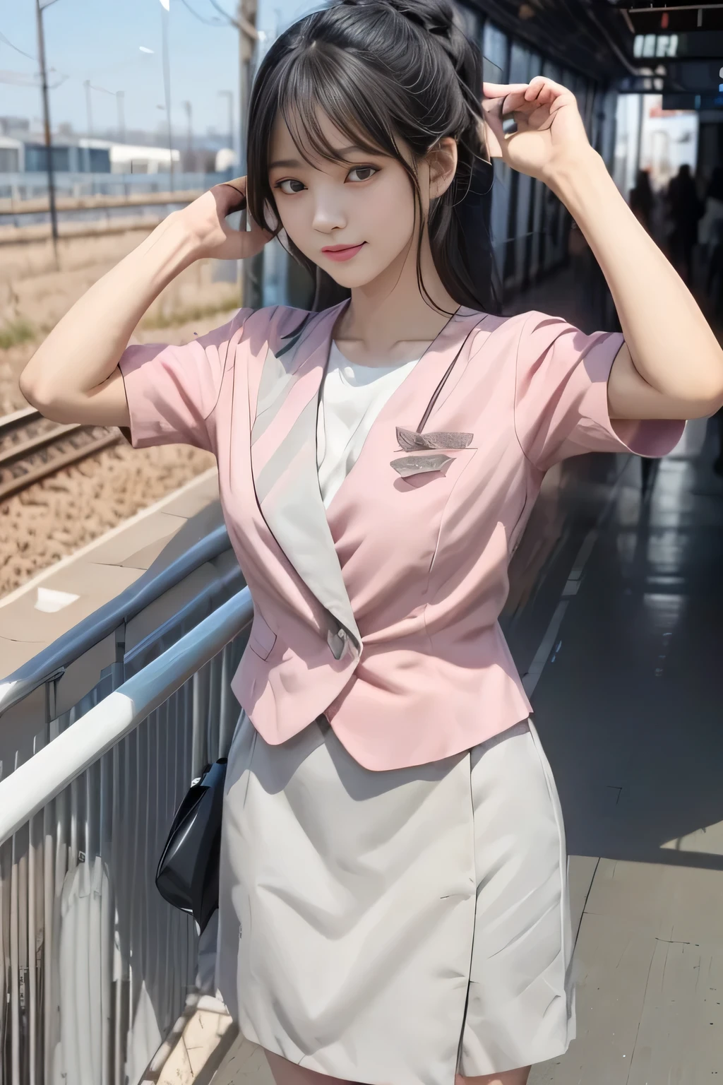 (masterpiece:1.2, Best Quality:1.2), 32K HDR,  High Resolution , (Alone、 1 girl)、（on board、 professional lighting）、In-flight background、（Nankai train crew uniform pinkを着たリアルスタイル）、（（ pink short sleeve jacket from Nankai train crew uniform pink、collarless blouse short sleeve  、  gray wrapped culotte skirt ））、Dark brown hair、（ long hair、Hair tied up、Hair tied up）、Dark brown hair、 LONG SHOT 、Big Breasts、Thin legs、（（Great hands：2.0）），（（ Harmonious Body Proportions：1.5）），（（Normal limbs：2.0）），（（Normal finger：2.0）），（（Delicate eyes：2.0）），（（Normal eyes：2.0））)、smile、（Nankai train crew uniform pinkを見せた美しい姿）、Hands clasped underneath 