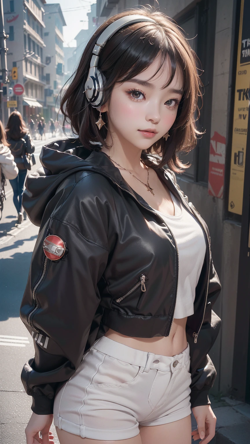 (((top-quality, 8K,超A high resolution、ultra-detailliert))),1girl in,female high-school student,a beauty girl,Street attire,((Hooded Neon Over Jacket,shortpants,backpack))、((Wearing large headphones around your neck))、(Shorthair with light brown hair,Colorful Extended Hair),perfectbody,skinny, Tied waist,Beautiful face, acurate, Anatomically correct, Highly detailed face and skin texture, Big eyes drawn in detail, Double eyelids, Thin eyebrows, Glitter Eyeliner: 1 Natural cheeks, Glossy skin, Fair skin: 1.2, (Glossy lips: 1.4),Highly detailed facial and skin texture, Detailed eyes, Double eyelids, Natural cheeks, , shiny lips: 1.4,Simple necklace and earrings,Smile and watch the viewer,Walking in the city,【Not blurry,profetional lighting,Professional effects、(masutepiece: 1.3), (max resolution: 1.2), (Ultra HDTV: 1.2),octanerender, Fujifilm X100, Intense cinematic shots, Shallow depth of field, Volumetric lighting, kintsugi,(8K、Raw photography、​masterpiece:1.4)、(realisitic、Photorealsitic:1.37)、Shot with CineStill 800T、(Extreme top quality:1.3)、((depth of fields:))、absurderes、(超A high resolution、extremery detailed CG、hight resolution、realisitic、ultra-detailliert、a picture、A hyper-realistic、ultra-detailliert、Cinematic atmosphere、8K UHD、insanely detaileda、trending on artstationh、awardwinning photo、extremely detailed photo、hight resolution:1.5)】No tags or text