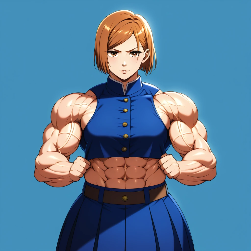 muscular girl, ((((huge)))) girl, (((((flat))))) chest,((((((wide)))))) shoulder, 1girl, ((((thick)))) neck, (((((wide))))) pecs, ((((muscular, muscle, big girl, fat, thick arms, (((large))) torso, pectorals, lat, ((((huge)))) hip)))), straight waist, upper body, anime, japanese anime, japanese animation, very large muscles, jujutsukaisen, nobara kugisaki, bob cut, brown eyes, brown hair, lips, short hair, belt, brown belt, brown pantyhose, crop top, crop top overhang, jujutsu tech uniform, pantyhose, pleated skirt, shirt tucked in, skirt, blue skirt, blue crop top, detailed eyes, detailed mouth, detailed face, detailed faceline, best quality, masterpiece, intricate details, detailed, professional, front view, Upper pectoralis major, Middle pectoralis major, Lower pectoralis major, Trapezius, deltoid, anterior deltoid, middle deltoid, posterior deltoid, Biceps, Biceps long head, Biceps short head, Triceps, Triceps medial head, Triceps Lateral Head, Triceps long head, Sternocleidomastoid, Platysma, Forearm Muscles, Serratus anterior, Oblique abdominal muscles, Rectus abdominis, abs, Transverse abdominis, Gluts, gluteus maximus muscle, Gluteus medius muscle, Tensor fasciae latae muscle, quads, Rectus femoris muscle, Vastus lateralis muscle, Vastus intermedius muscle, Vastus medialis muscle, hamstring, Biceps femoris muscle, Biceps femoris long head, Biceps femoris short head, Semimembranosus, Semitendinosus, Adductor magnus muscle, surae muscle, Triceps surae muscle, Gastrocnemius muscle, Soleus muscle, blood vessels, vein, vascular, veiny arms, veiny shoulder, vasculine neck, briny chest, briny torso, veiny hip