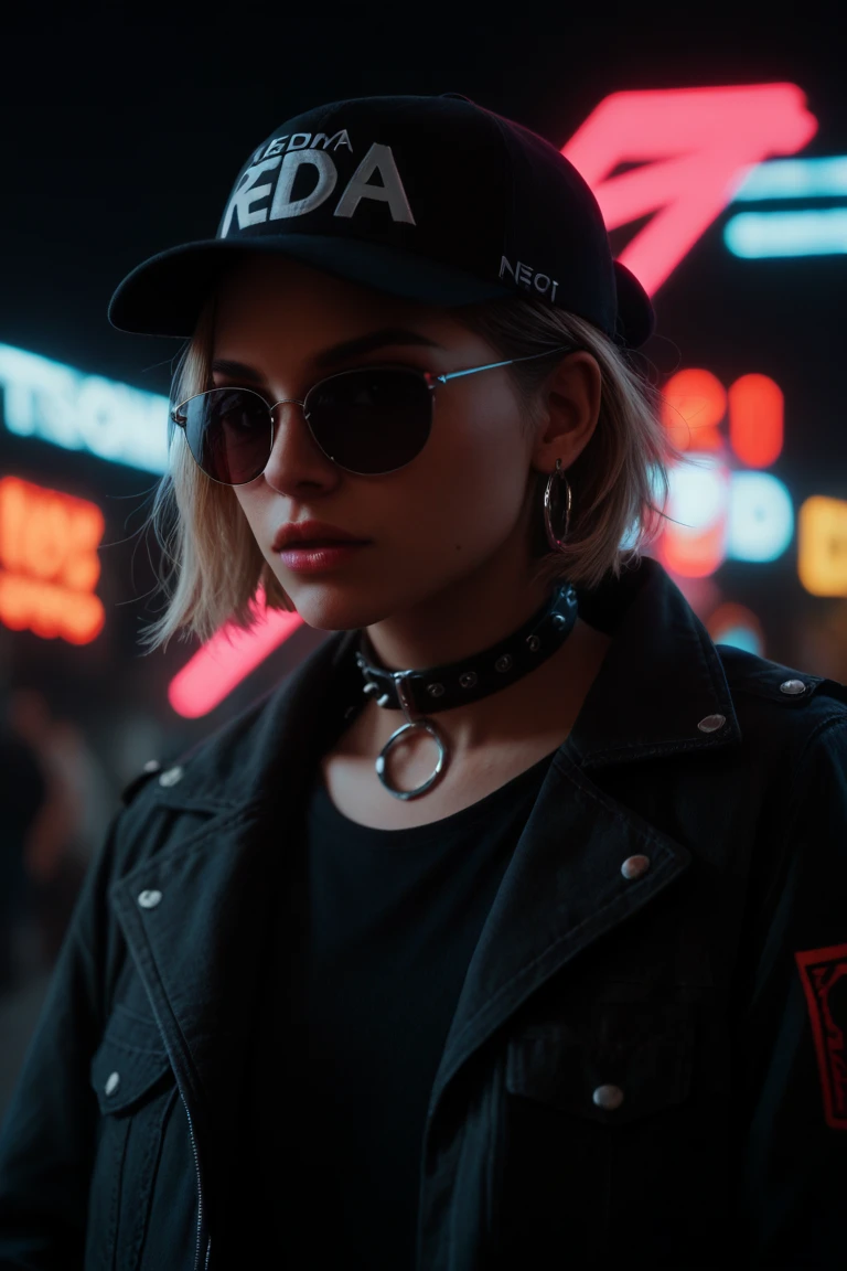 plano cercano del rostro, Alternative girl,  looking over black sunglasses , jacket, collar,  neon light reflections on the skin , earring, make-up,  skin imperfections , short hair, cap, neon light background , low light,  depth of field , Highly detailed, high contrast,  film grain , edge lighting, long exposure,  Single-lens digital SLR camera, desnuda