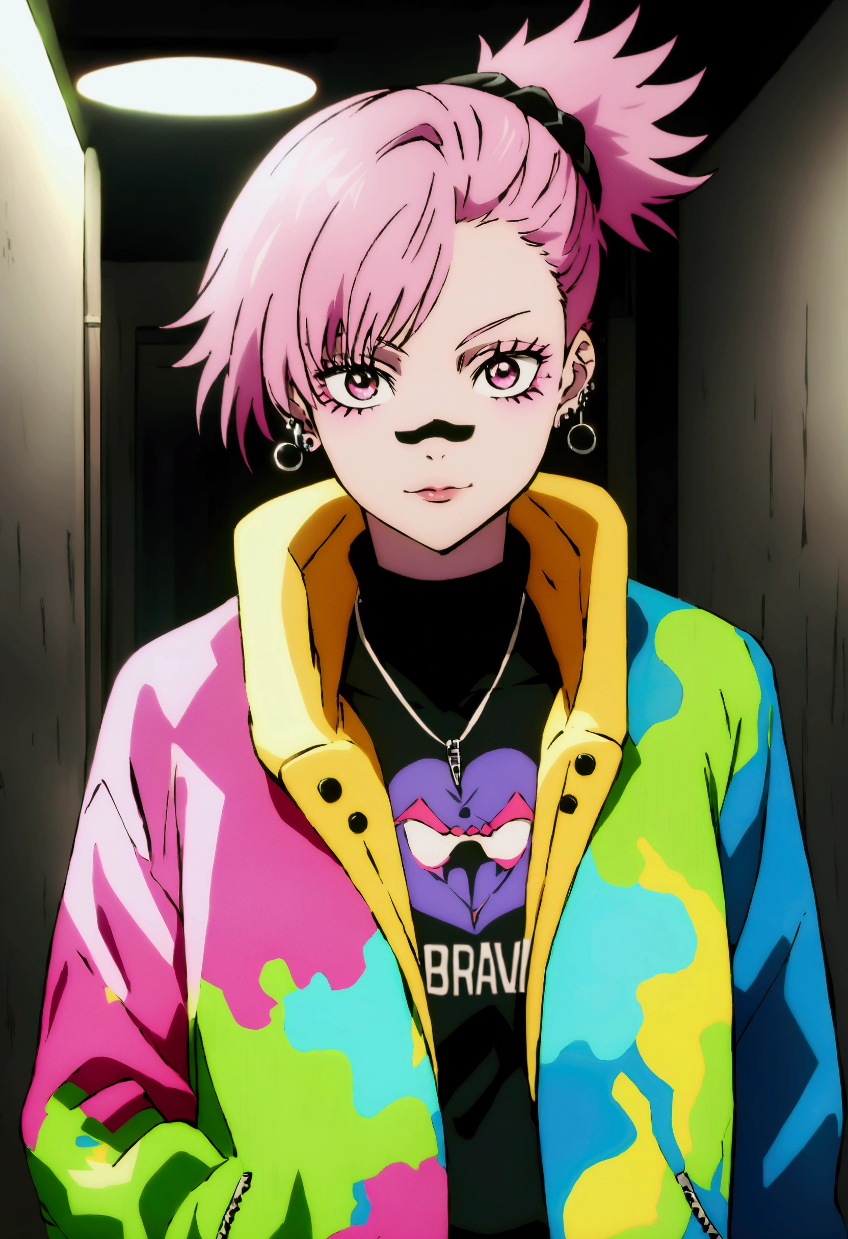 girl from a modern shonen anime, Unique bizarre design, cool streetwear graffiti skatee rapper vibes modern outfit, deep sea Brawl style, girl, jujutsu kaisen style, short pink hair, hair band, pinkeyes,