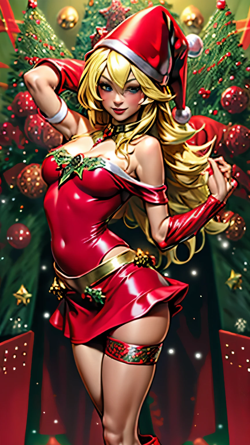 Dark magician Gilles in a red dress,((See through)), Very detailed, Rubio,(((Tiny mini skirt))), ((Skirt flip)),(((I can see Tanga))),smile, blue eyes, Realist, Red High Heels, (((Christmas))), Neckline, ((Christmas tree, gift)), cabello Rubio, Magical Christmas. Seductive and sensual poses.