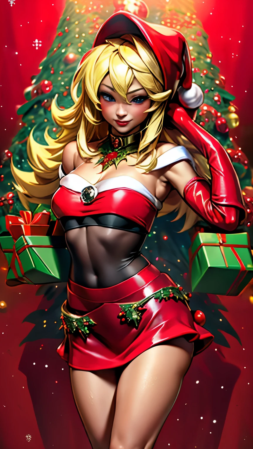 Dark magician gils in red dress,((see through)),  background , rubio,(((Tiny mini skirt))), ((skirt lift)),(((tanga visible))), smiling, blue eyes, realistic, red heels, (((Christmas))), neckline, ((Christmas tree, gifts)), blonde hair, Christmas of Magic. Sejutive and sensual pose.