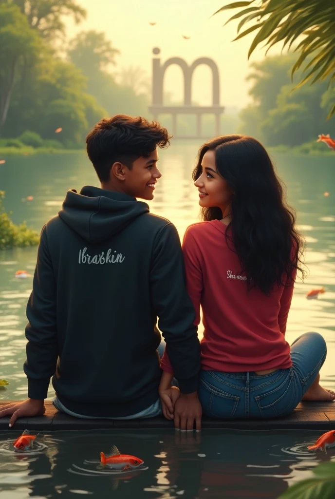 Realistic indian Playful teenage 25 year cute boy lifting laughing teenage girl in 22 year beutifull girl with girl Pink colour hot top and jeans on the road with happy an rose and a on, wearing a White hoodie with name "Deva" boy, with back background with big capital letter name "Sweety", loving mood, hyper realistic.8k.