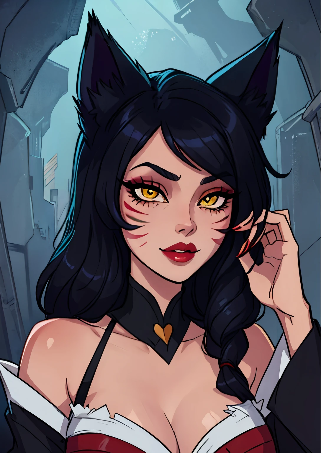 malsterpiece, best quality, 1female, beautiful, face portrait, deep makeup, lipstick, 1girl, face focus, goth, Ahri, fox ears, whisker markings, yellow eyes