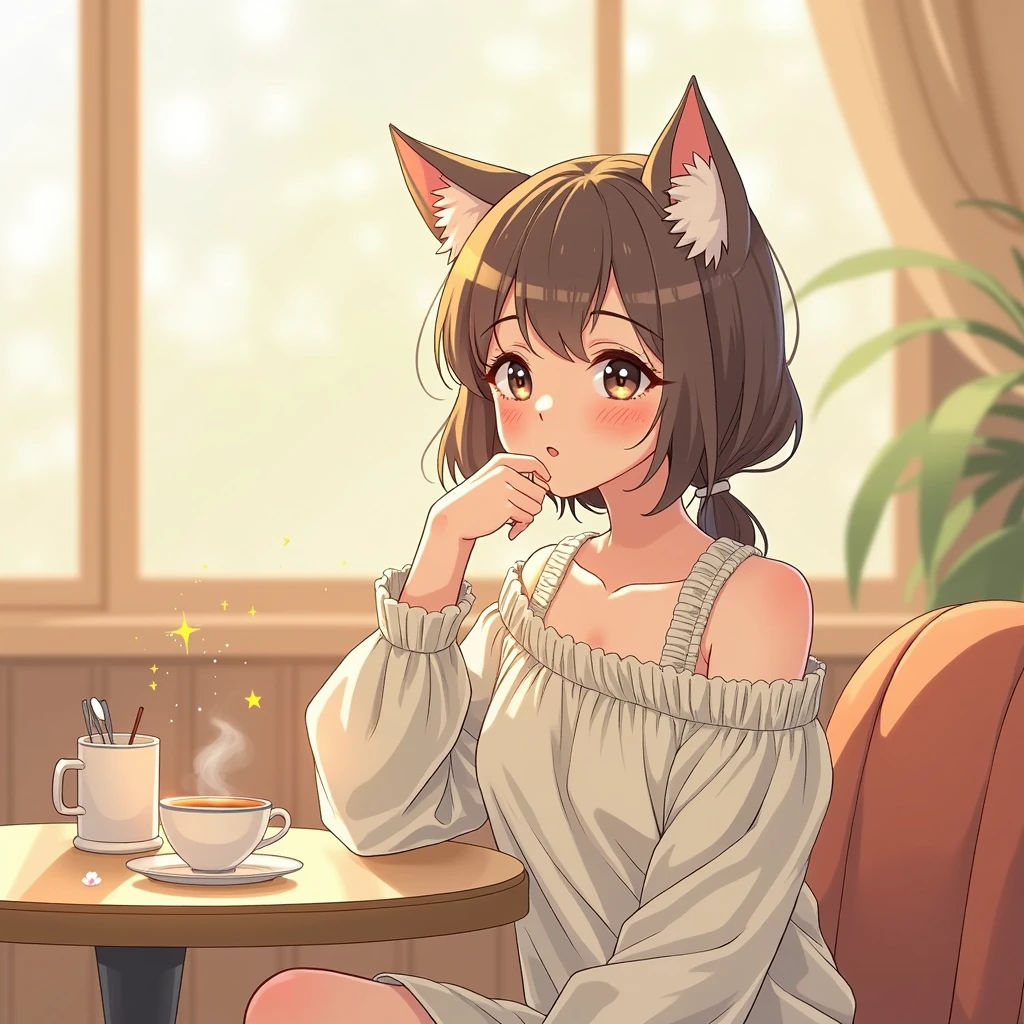 Cat girl drinking coffee, minigirl, anime style, blue eyes, brown hair, ponytail