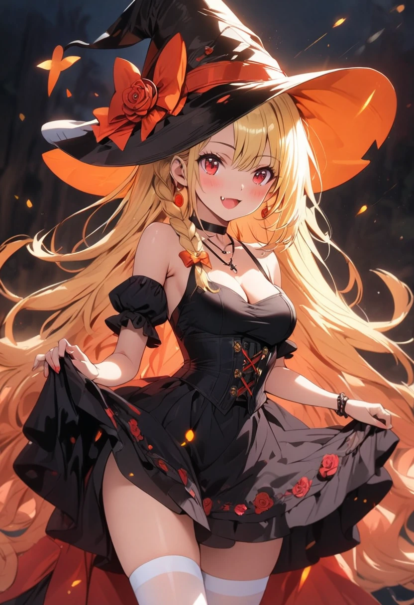 hight resolution、hightquality、ultra-detailliert、8k wallpaper、1人の女性、adult-like、Beautiful fece、Shark costume、The teeth are shark fangs、Kamimei、Melancholy is in the air、Feelings of lovers、Be loved、familiarity、Gold and black dress、Gold and black background、a blond、Sprinkled with Halloween pumpkins、opulent、Less exposure