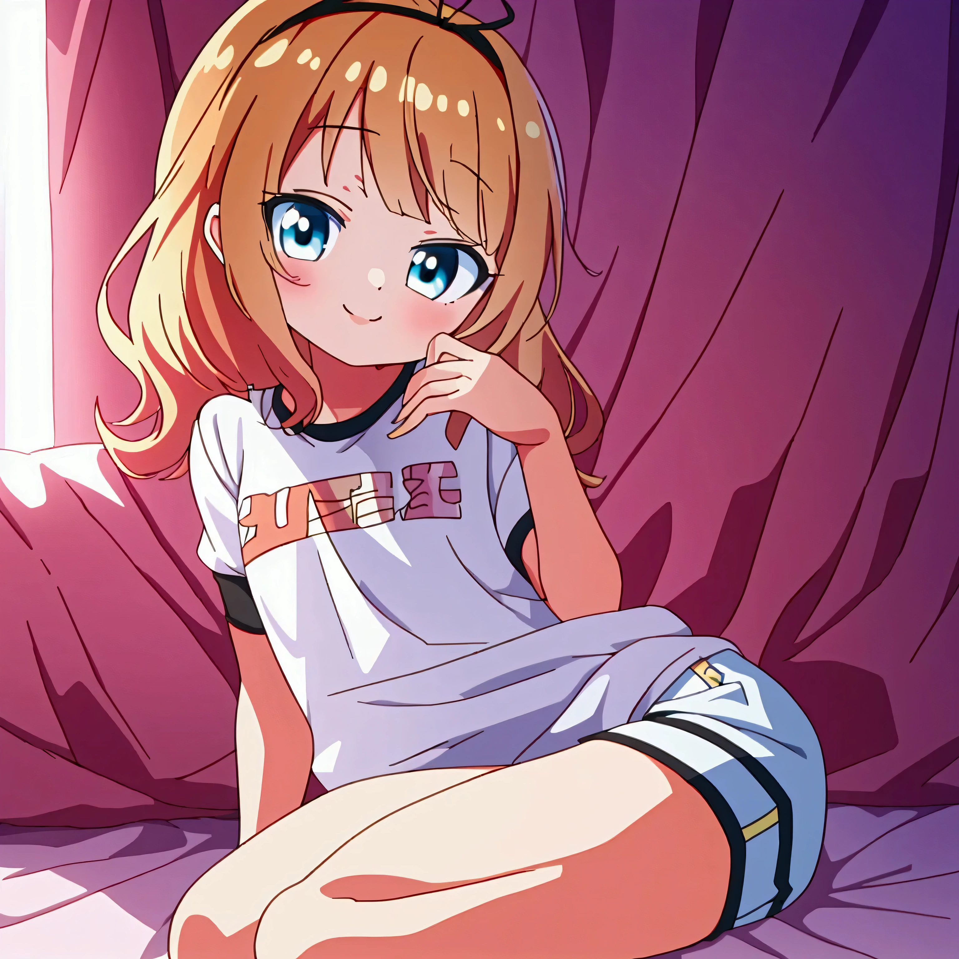 ((masterpiece)), ((best quality)), (ultra-detailed), anime style, on the bed, a cute girl, 1girl, solo, gym shorts00, ((beautiful eyes))0, smile