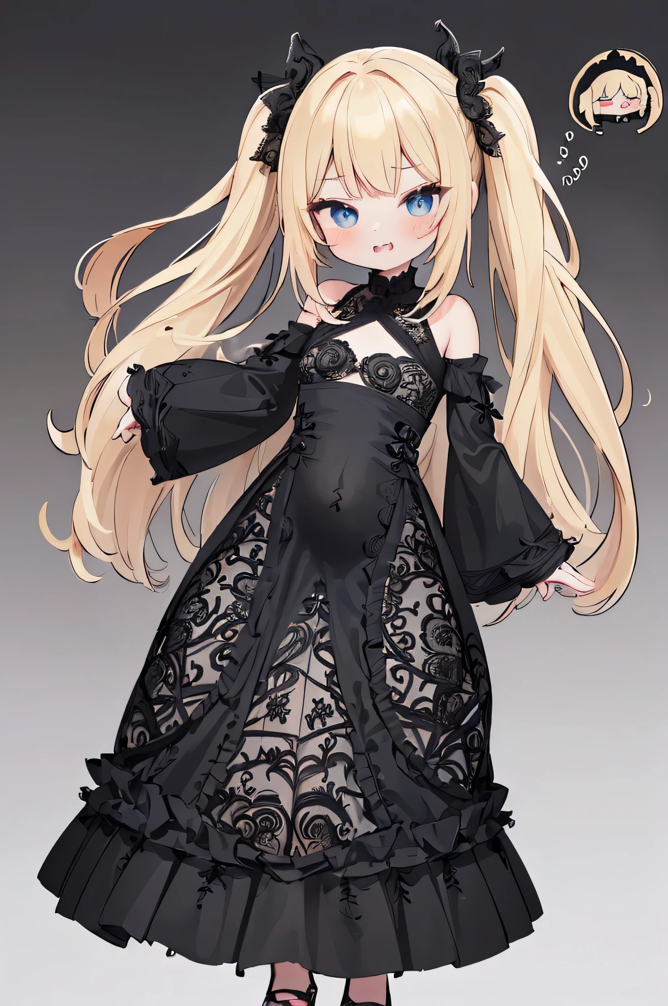 ((4K, masterpiece, Highest quality)),1 girl,witch,light blondehair,long twintails,Blue eyes,chubby,(thighs),(chibi,****:1.3),(dynamic pose,Fighting,full body:1.3),half-closed eyes, wearing a smug expression, open mouth, grin smug,(long dress:1.4),(side slit:1.5),(see-through:1.3,fine lace),(all black costume with black embroidery:1.4),big hair ornament,(lace glove:1.2),👠,Clothes fluttering in the wind,tight fitting,(Intricate:1.7), (delicate:1.3), (maximalism:1.3)  ,(snake scale 🌀),