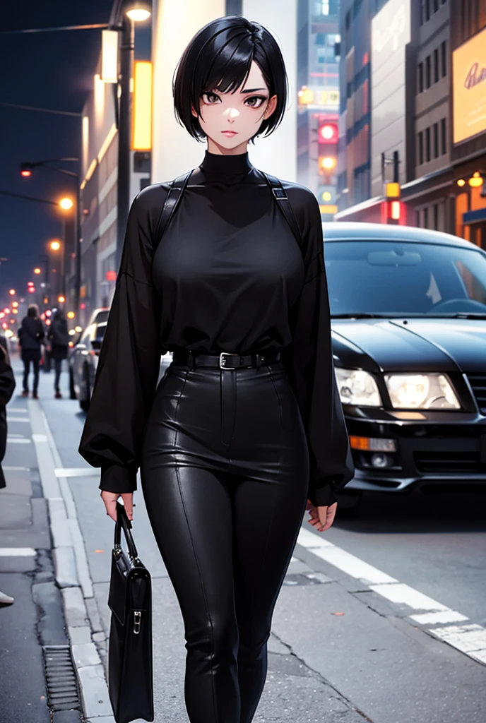 Light-skinned woman with black eyes ,  short straight hair wearing black clothes on the street at night near a black luxury car