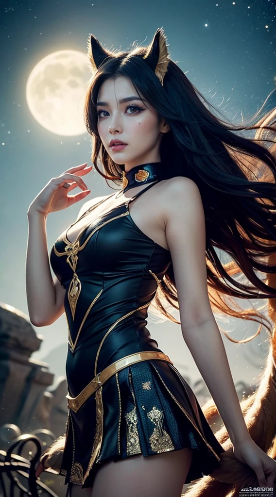 lotus is a very beautiful attractive slender woman, with long dark purple wavy hair, light blue eyes, wears a low-cut purple bodycon suit with fabric details on the arms, fabric tail, warframe, background of the moon in ruins with a tall white building with gold details futuristic