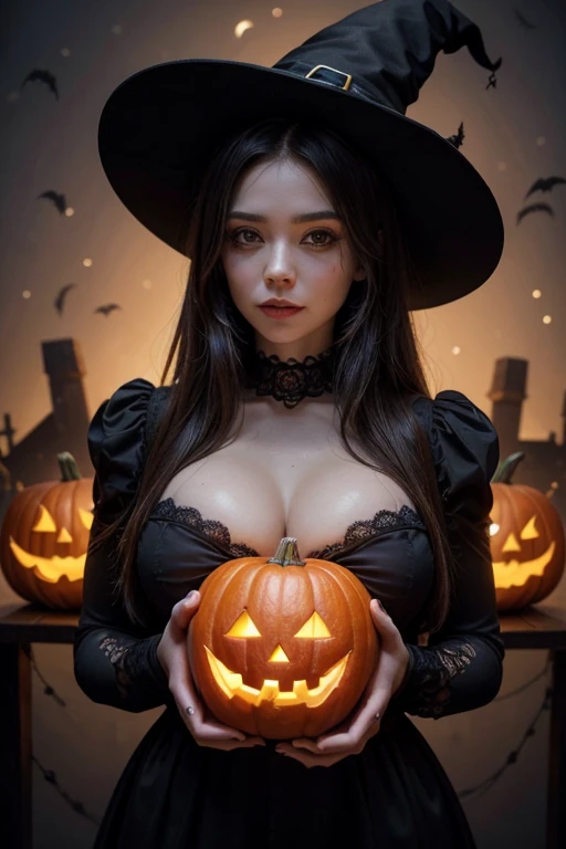 <lora:女巫_v1.0:0.7>,1girl,witch,hat,dark theme,mist,fog,branch,black robe,jack-o'-lantern,halloween,bat,ghost,<lora:OC:0.3>,wand,tombstone,white flame,glowing,moon,happy,blush,flying,floating,wind,floating hair,halo,magic,cowboy shot,dynamic pose,purple theme,upper body,cropped shoulder,big breasts,navel,from above,underboob,