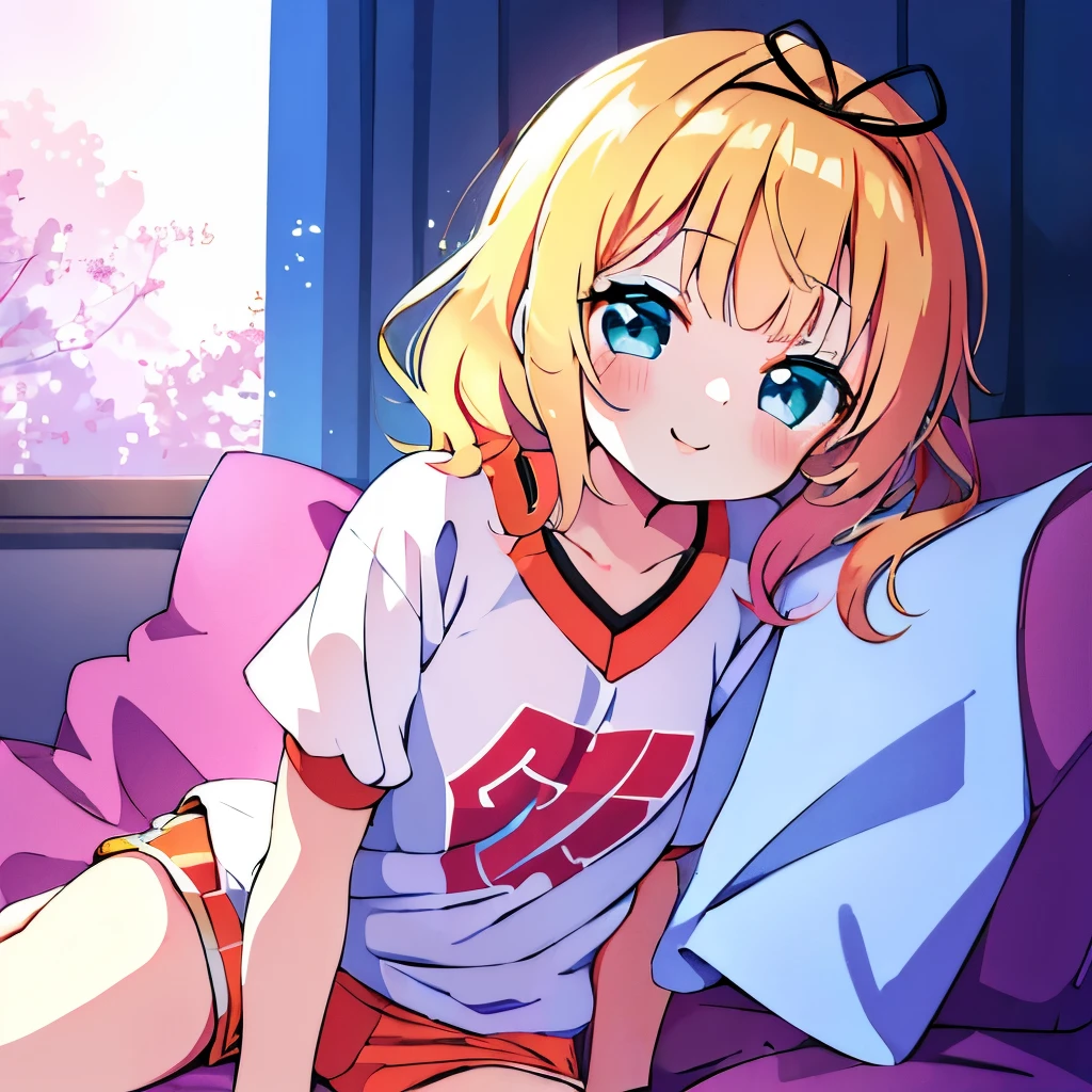 ((masterpiece)), ((best quality)), (ultra-detailed), anime style, on the bed, a cute girl, 1girl, solo, gym shorts00, ((beautiful eyes))0, smile