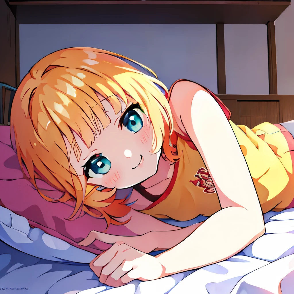 ((masterpiece)), ((best quality)), (ultra-detailed), anime style, on the bed, a cute girl, 1girl, solo, gym shorts00, ((beautiful eyes))0, smile