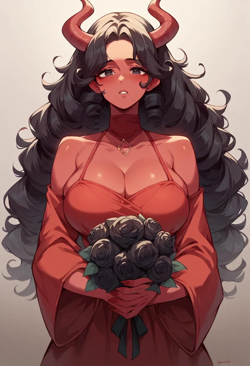 1girl, red skin, long black curly hair, red demon horns, long red seductive dress, long droopy red sleeves, black eyes, round big breasts, blushing, holding a bouquet of black roses