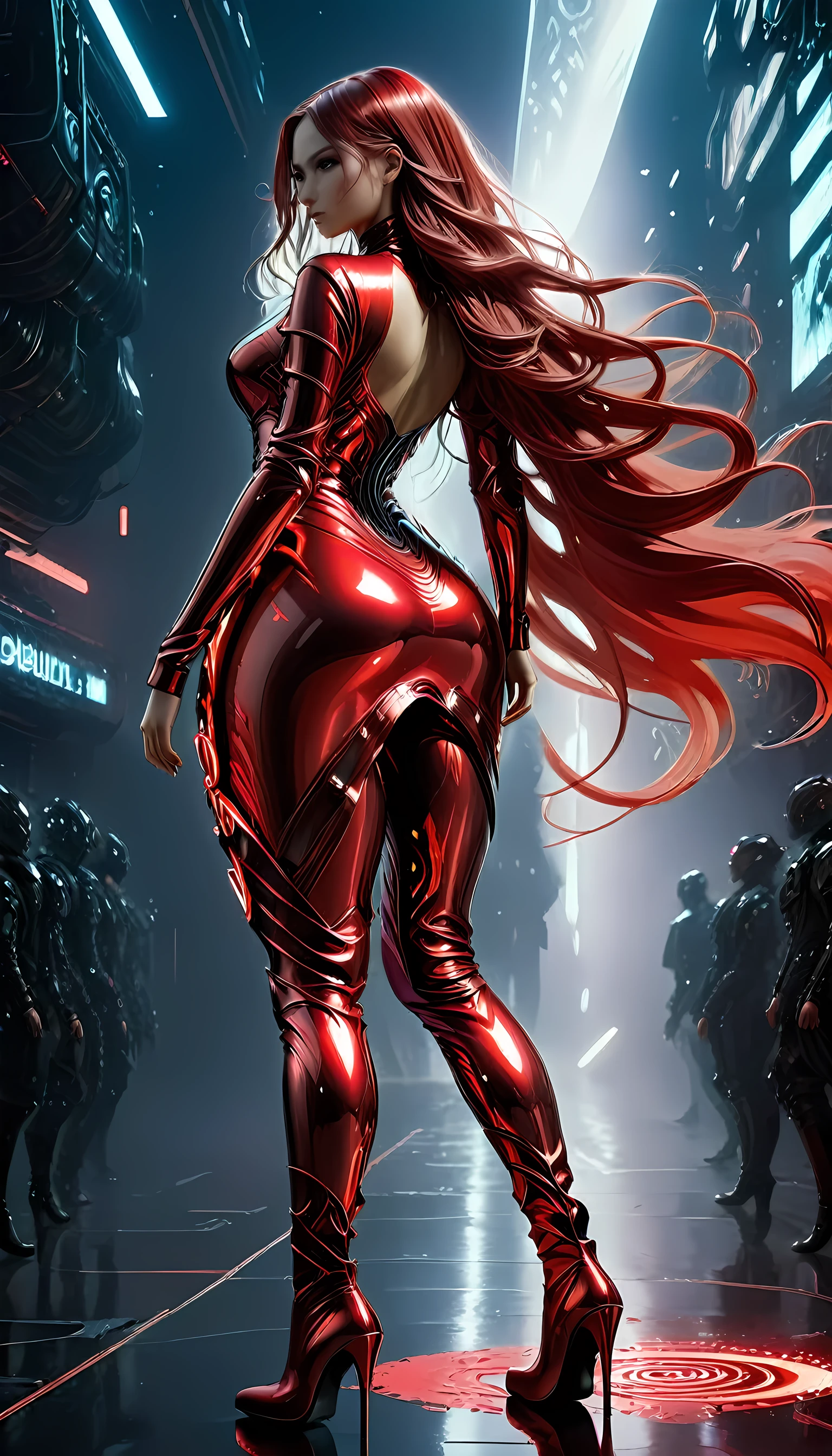there is a beautiful mech model wearing intricate liquid metal dress, in a cyberpunk fashion catwalk, ultra detailed face, full body shot, long hair, wavy hair, dynamic eye color, wearing red liquid metal dress, wearing high heel boots, fantasy art, 16K, (dynamic angle: 1.2), full body, silhouette, from side, Ultra-Wide Angle, retina, UHD, best quality, 16k, highres, high details, NRART, Glowing Runes, metallic
