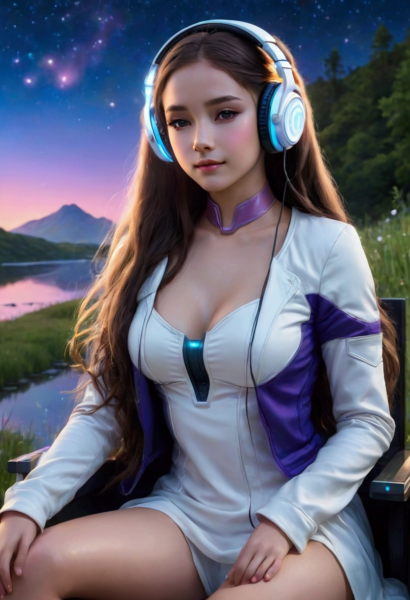 Hyper-realistic, anime-style) A cute girl with long, flowing hair sits peacefully, wearing large, stylish headphones. She’s lost in the music, gently bobbing her head with a soft smile on her face. Her eyes are closed, and her posture is relaxed, fully immersed in the sound. She’s seated on a serene, glowing hill, surrounded by a vibrant, colorful landscape. The sky above is painted with soft, pastel hues of pink, purple, and blue, dotted with glowing stars and floating lights that ascend slowly into the sky. In the distance, a shimmering, magical waterfall cascades down into a crystal-clear lake, creating a calm and peaceful atmosphere. The grass and flowers around her glow softly, with colorful light orbs floating gently around. The entire scene is illuminated by the gentle glow of rising lights, adding a magical and enchanting feel to the scene. The focus is on the girl’s content expression, the beauty of the colorful scenery, and the dreamy atmosphere. Everything about the image radiates calm, beauty, and an idyllic, serene vibe that draws the observer in and makes them want to stay.