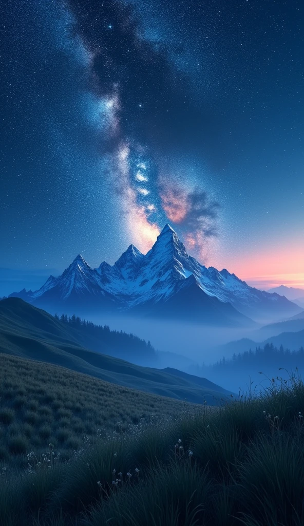 Meadow at night、Himalayas in the back、The sky is full of stars