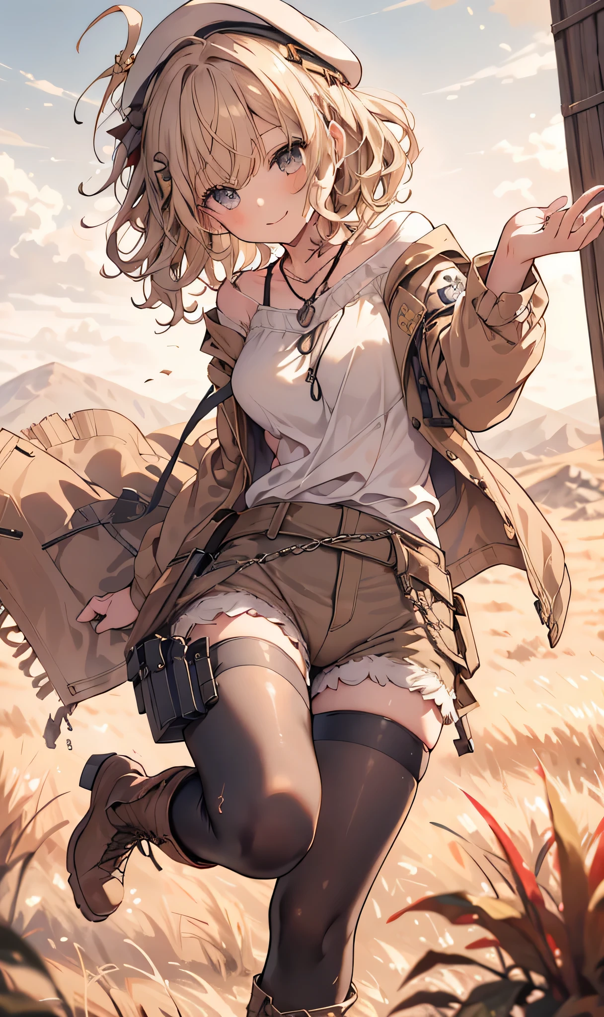 masterpiece, 1 girl, sparrow, a blonde haired girl, wearing a military officer clothes, curly short hair, messy hair, slim body, he close her left eye, shirt ornament, ruby eyes, ahoge, , long sleeves, beautiful eyes, droopy eyes, her age is 19, nagisa_bluearchive, seductive face, medium hair, seductive smile, curly hair, wheatfield, MongolPunkAI, medium breasts, view from right down, she tease you, lend a hand to you, she very close to you, smug smile, rainbow_one, military clothes, brown shorts, crocth tattoo, necklace, erotic smile, white clothes, brown shirt with hoody, boots, dark brown beret, white pantyhose, brown police uniform, white pantyhose