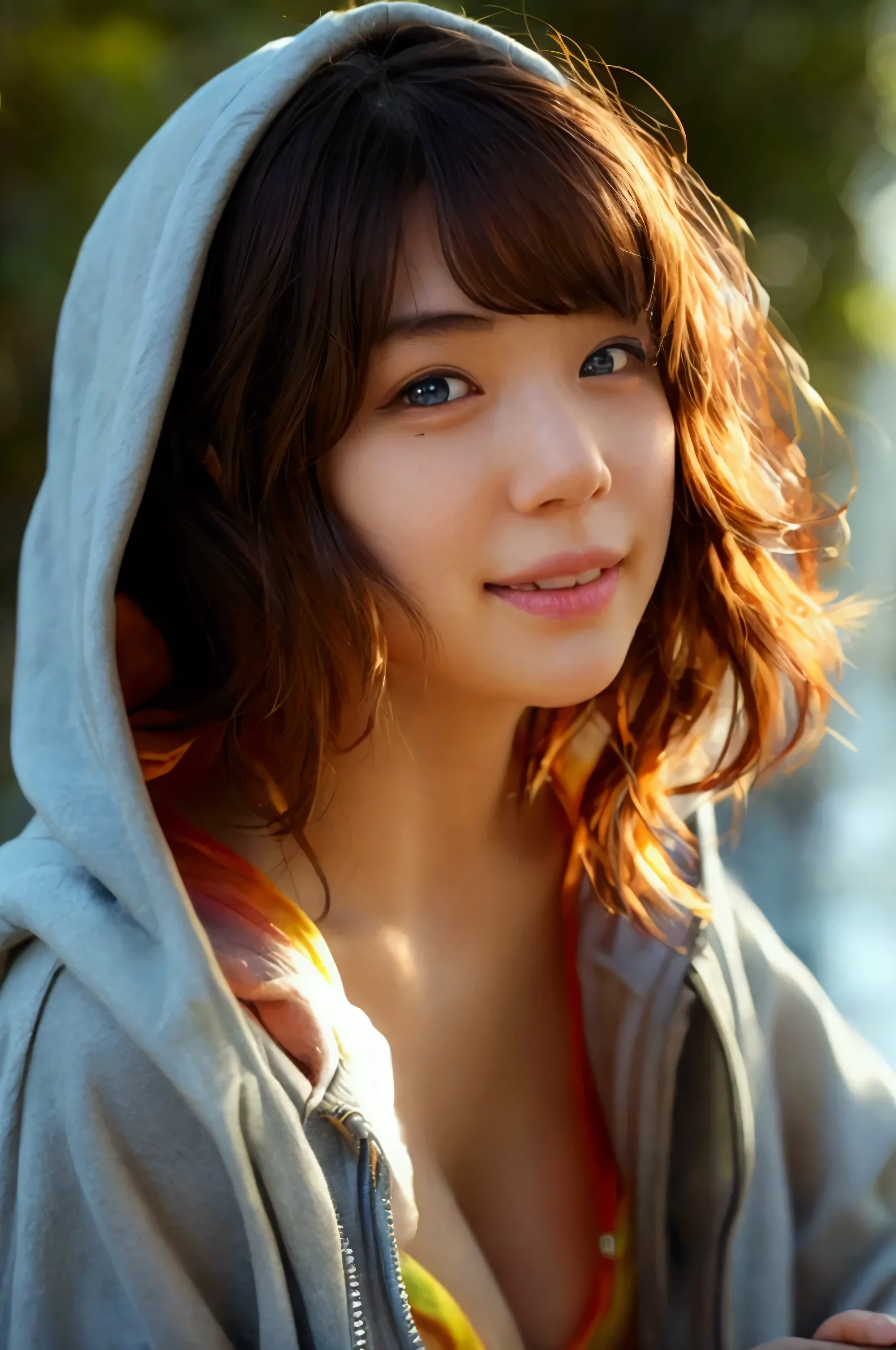 Best Quality, Masterpiece, Beautiful and Aesthetic, 16K, (HDR: 1.4), High Contrast, Bokeh: 1.2, Lens Flare, (Vivid Colors: 1.4),cinematic lighting,depth of field, film lighting, ambient light, side light, exquisite details and textures, cinematic lens, warm tones, (bright and intense: 1.2), hyper-realistic, from above, head out of frame, super close-up macro shot focus on her breast, 1 woman, Japanese,22 yo, A smile with a little visible teeth, ((leaning forward)), Wearing a hoodie, pastel tank top, cargo shorts, Beautiful detailed skin, Skin Texture, brown semi-long wavy hair, sagging breasts with good shape, (cleavage), cheerful pose, day, daylight, outdoor, braless, nsfw