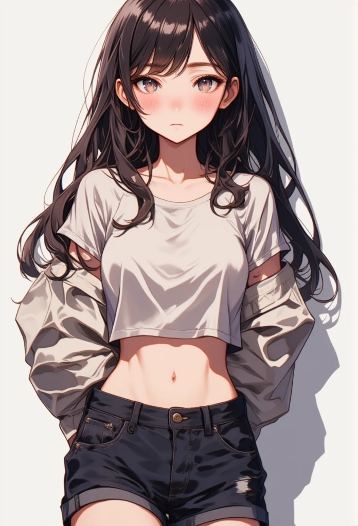 Overlooking,highest quality,Beautiful face in every detail,cute,Dark brown eyes,(背の低いcute女の子, young studeg delicate girl),(masterpiece,Top quality),Black Hair,Sleepy expression,Crop Top Look,Black Shirt,White shorts