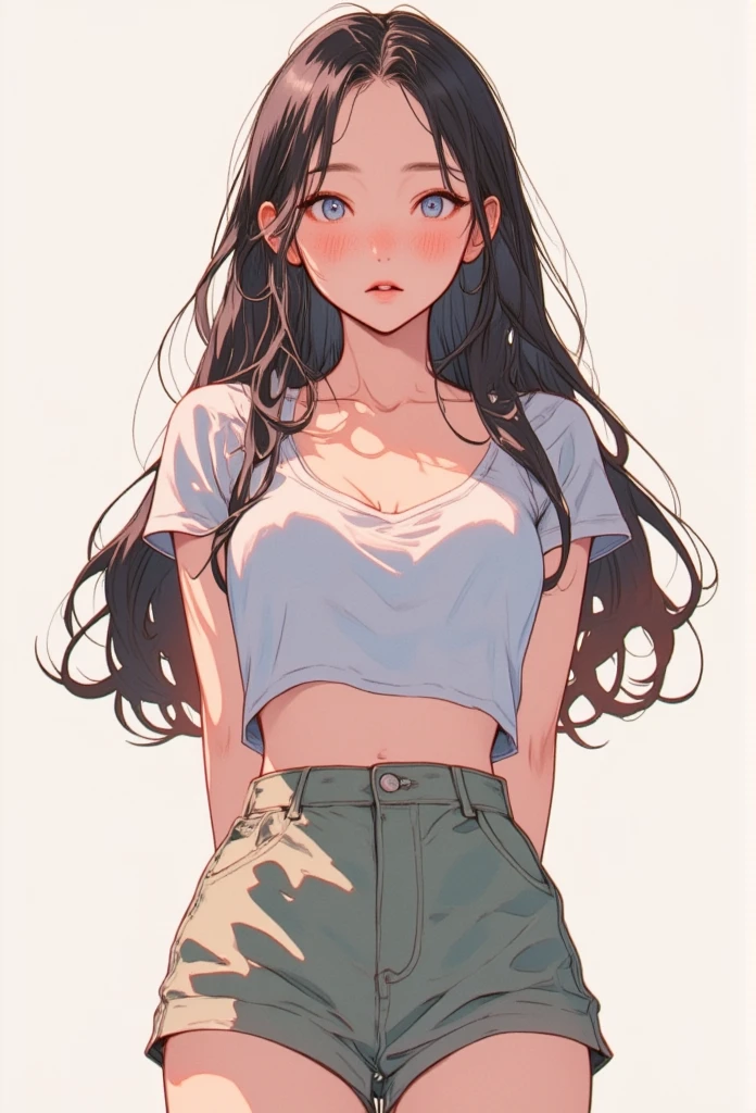 {high definition image}, asian high school girl, long hair, pointed nose, thin lips, busty, freckles on the face, crop top, short shorts, looking at the viewer with a neutral expression, {centered image}, {close up on face}, {just face and chest photo}, Manga lineart, mouth open, heavy blushing, arms behind back, 